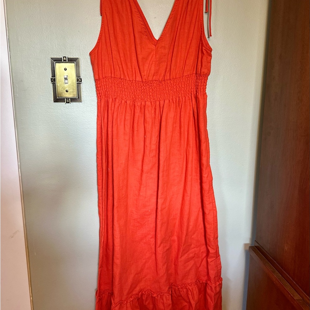 Coral Linen Sleeveless Midi Dress